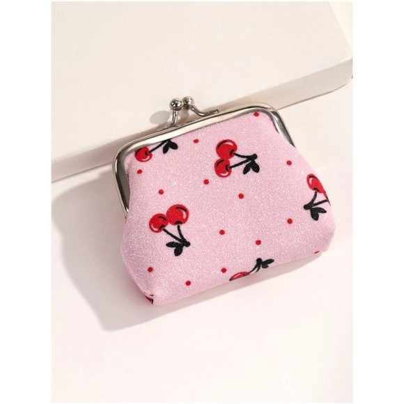 SPARKLY CARTOON CHERRY GRAPHIC KISS LOCK COIN PURSE PINK - Picture 5 of 5